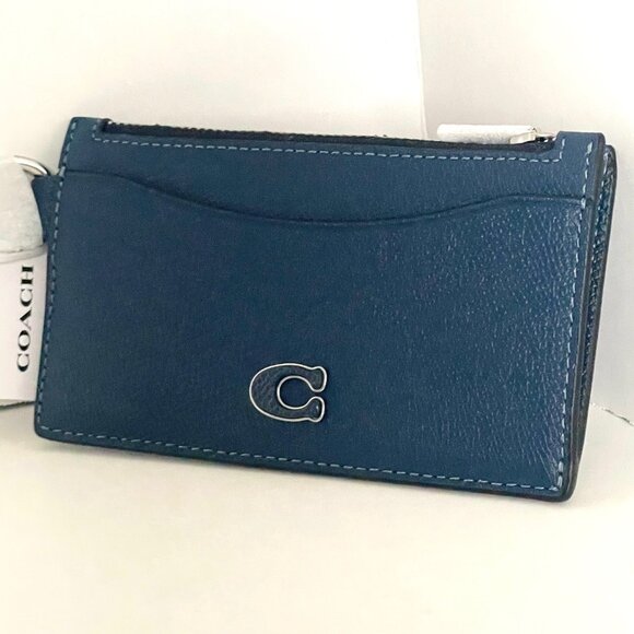 Coach CJ879 Zip Card Case Deep Blue Leather Wallet D-Ring Clip Keyring Unisex - Picture 3 of 7